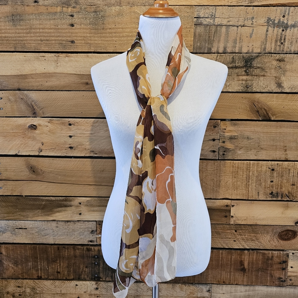 Retro sheer floral scarf in orange, brown, mustard yellow & olive green - Picture 2 of 11